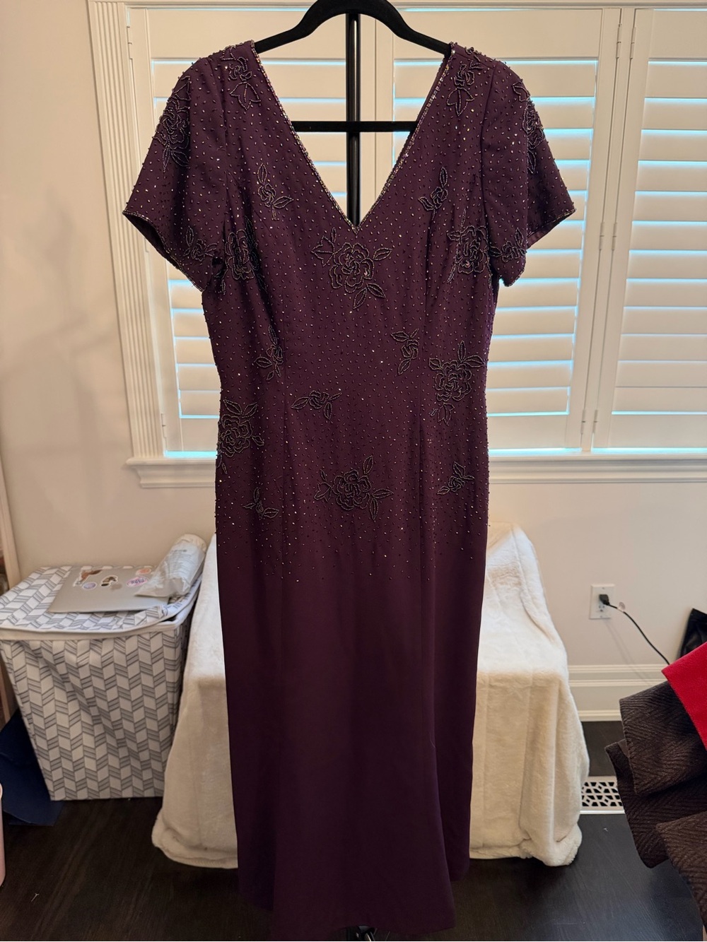 Classic Deep Plum V-Neck Maxi Dress with Beaded Floral Accents